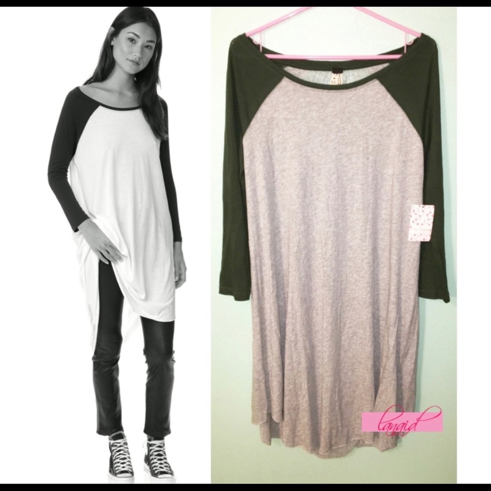 FP Shredded Baseball Tee Olive Green Long Tunic XS